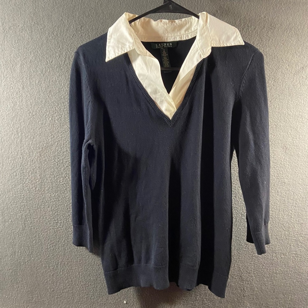 Lauren Ralph Lauren Sweater Mock Layer Shirt Navy Blue Cotton Knit Preppy Medium